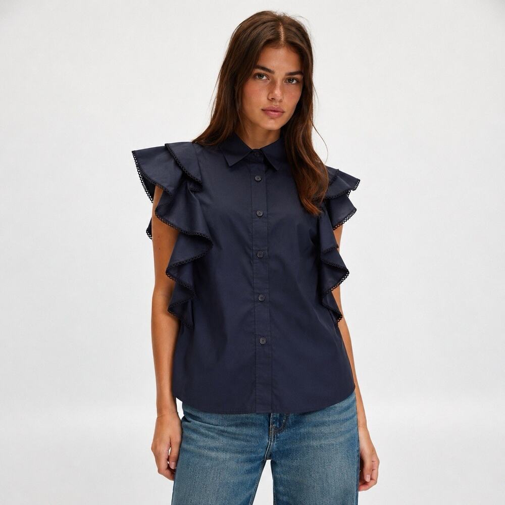 Pearl Lela Rose Poplin Cotton Flutter Sleeve Navy Minimalist Blouse Top XS